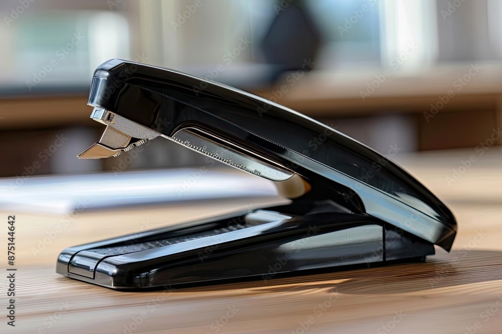 Close-up of a black office stapler on a wooden desk in a modern office setting, with soft natural lighting and blurred background. Close-up of a black office stapler on a wooden desk in a modern office setting, with soft natural lighting and blurred background.