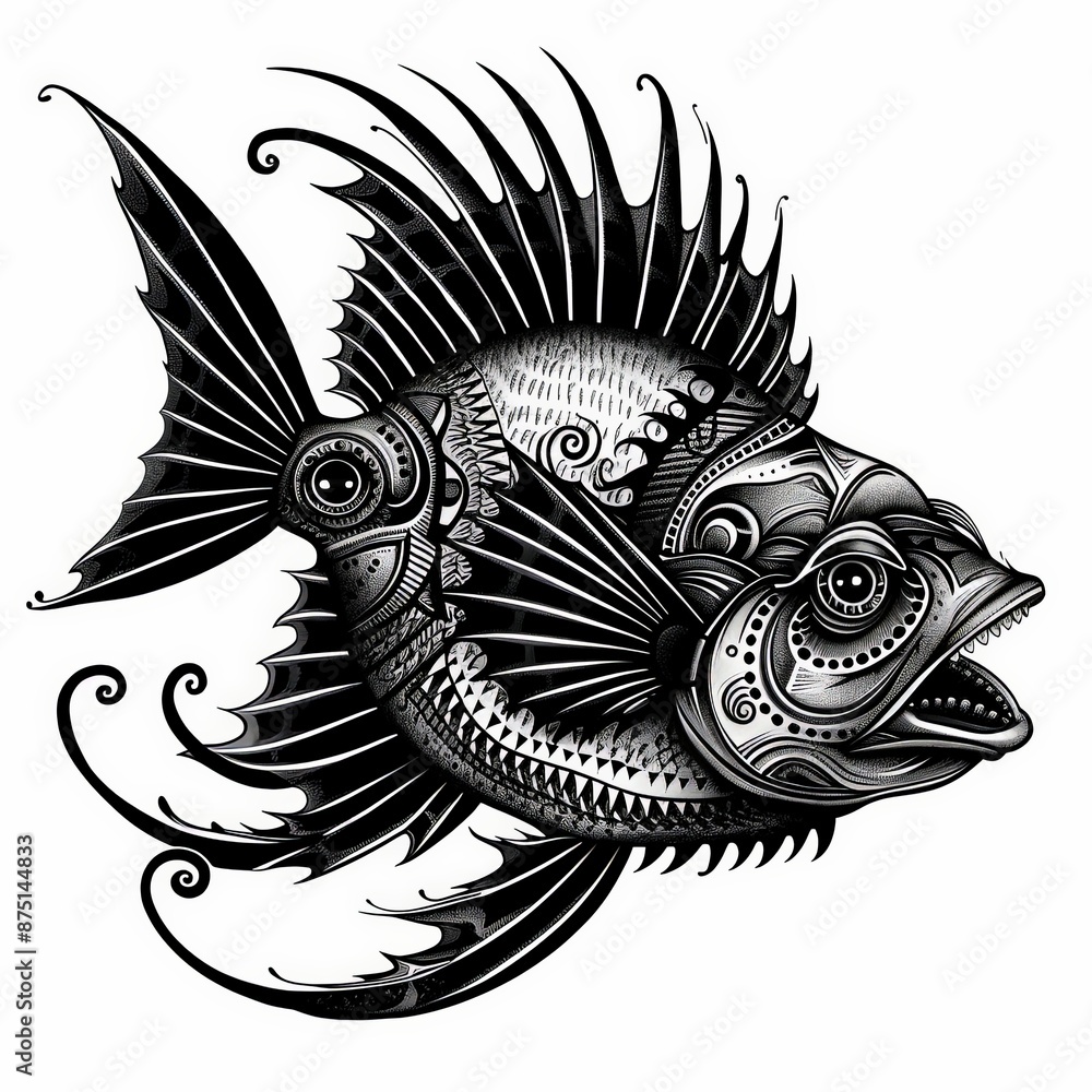 black and white ilustration of fish with fully tribal style illustration