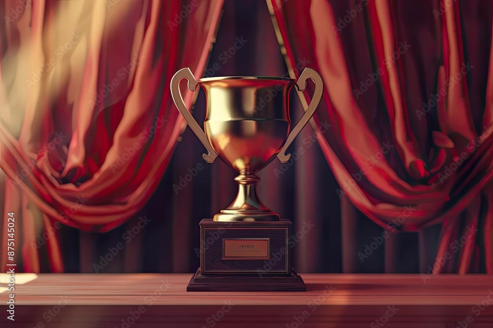 Golden trophy on a wooden table with red curtains in the background, symbolizing achievement and success. Golden trophy on a wooden table with red curtains in the background, symbolizing achievement and success.