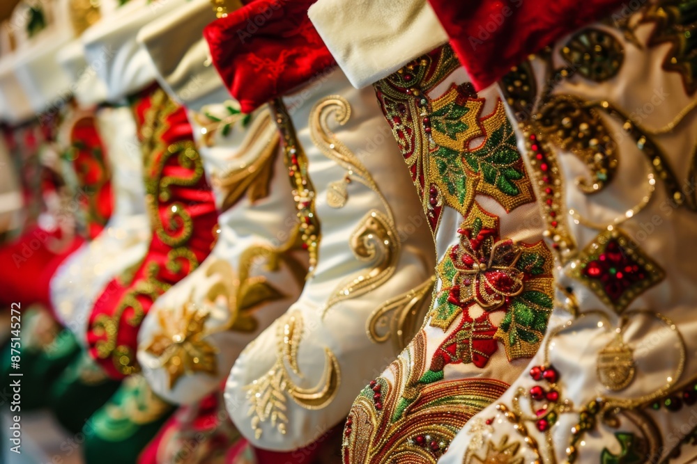 Fototapeta premium A close-up illustration of intricately designed Christmas stockings, perfect for the holiday season in the United States. The stockings are adorned with festive patterns, ribbons, and bows.