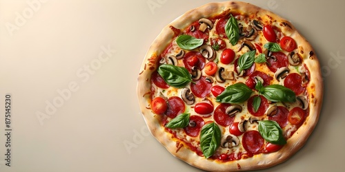 Savory Pizza Topped with Pepperoni, Mushrooms, Tomatoes, and Basil on a Beige Background. Concept Food Photography, Pizza, Toppings, Ingredients, Delicious Snack photo