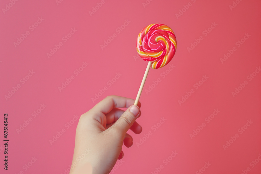 A child's hand holds a lollipop on a stick. A child holding a candy on a pink background. Childhood. A child's hand holds a lollipop on a stick. A child holding a candy on a pink background. Childhood.