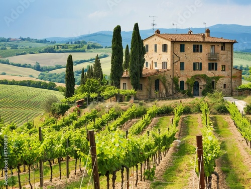 Picturesque Vineyard in Tuscany ItalyRolling Hills and Blue Sky.