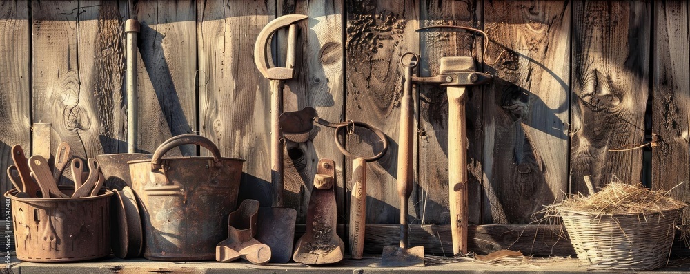 Rustic wooden farm tools and buckets on a wooden shelf, showcasing an old-fashioned agricultural setup in a barn. Rustic wooden farm tools and buckets on a wooden shelf, showcasing an old-fashioned agricultural setup in a barn.