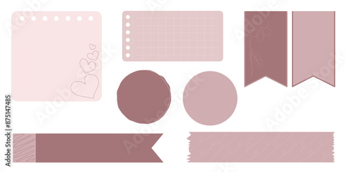 Collection of Cute Blank paper notes for to-do list, Daily and Weekly Planner. Scrapbook Stickers, different pieces of washi tape and bookmarks for scheduler or organizer