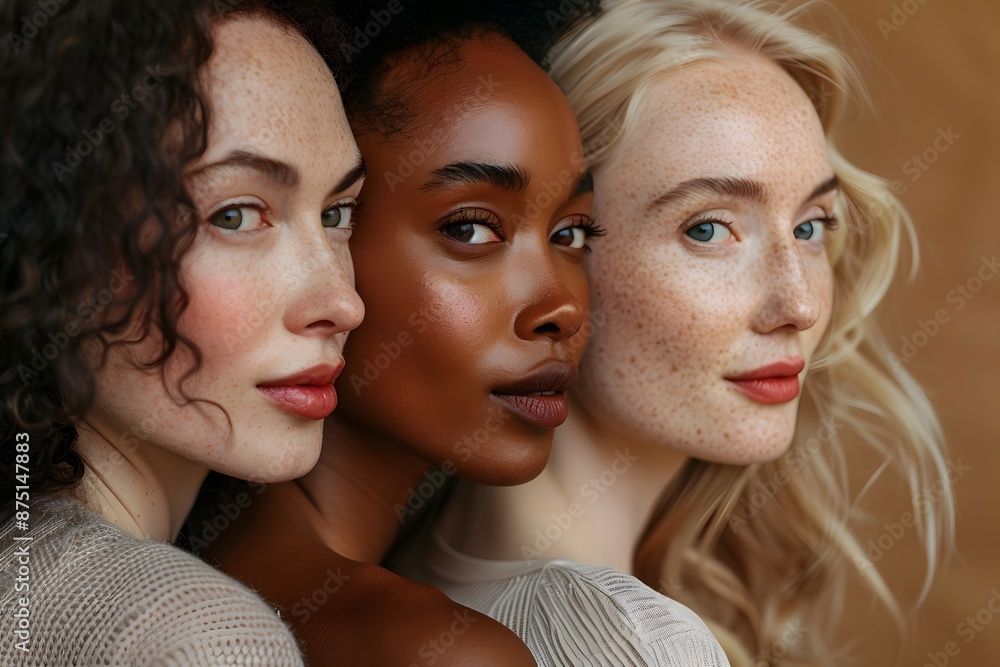 Three beautiful diversity woman with clear skin and no makeup, looking in the camera Three beautiful diversity woman with clear skin and no makeup, looking in the camera