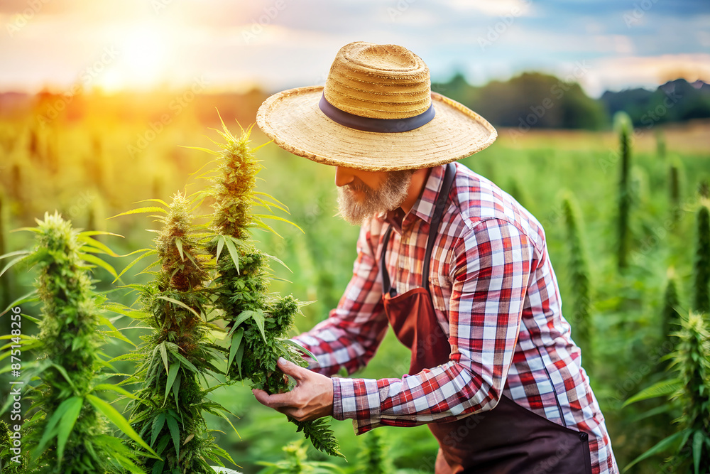 Obraz premium Farmer in hat cutting hemp crop in field in sunlight