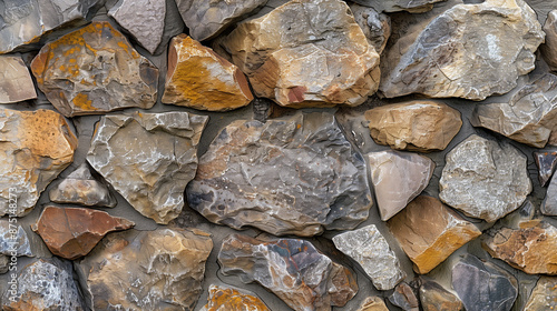 Close-up texture of natural stone wall with various shapes and sizes of rocks