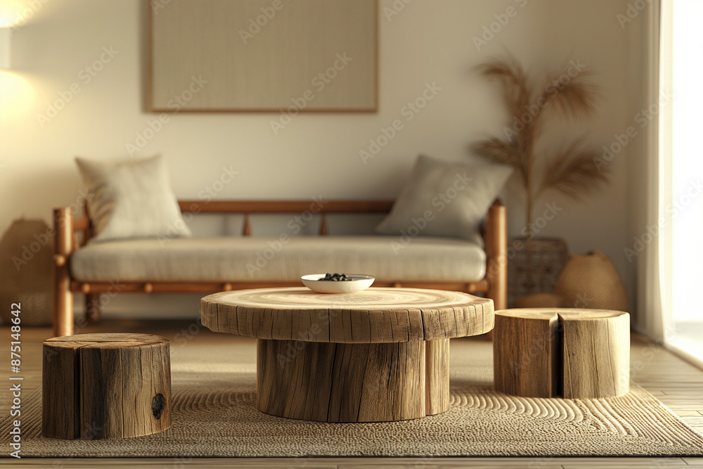 A meticulously crafted 3D rendering of a home interior mockup, featuring a cozy modern room adorned with natural wood furniture A meticulously crafted 3D rendering of a home interior mockup, featuring a cozy modern room adorned with natural wood furniture