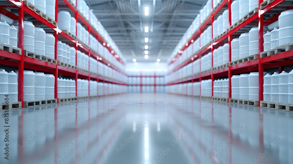 Fototapeta premium Modern warehouse with red shelves and white barrels, showcasing organized and efficient storage solutions in a spacious environment.