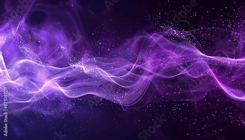 Abstract background with purple tones, glowing particles, and smoke waves, ideal for presentation templates.