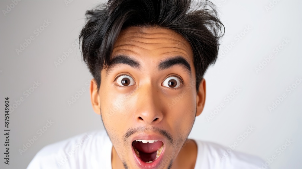 A man with a surprised expression on his face. He has a beard and is wearing a white shirt A man with a surprised expression on his face. He has a beard and is wearing a white shirt