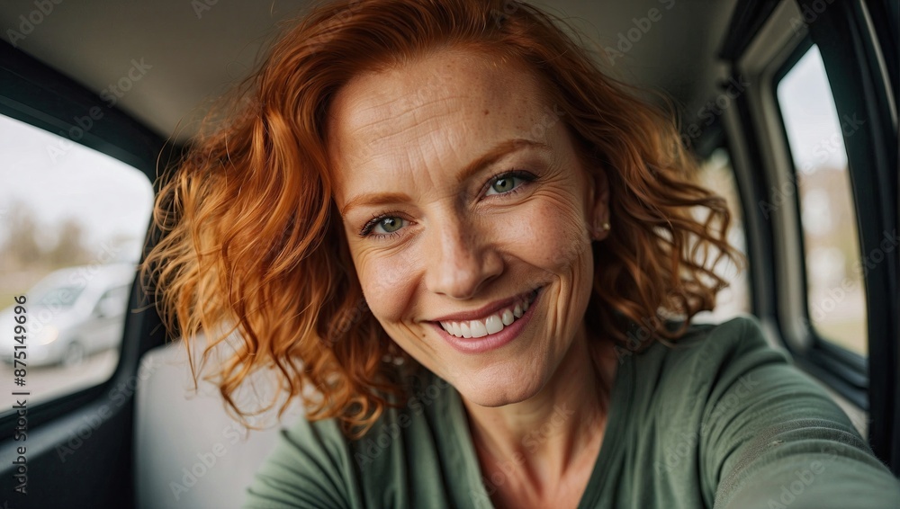 Smiling woman with red curly hair enjoying a car ride, capturing a joyful moment with a close-up portrait inside the vehicle. Smiling woman with red curly hair enjoying a car ride, capturing a joyful moment with a close-up portrait inside the vehicle.