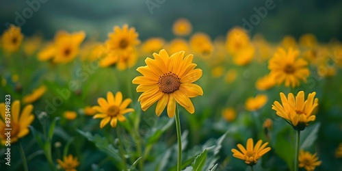 Panoramic view of yellow Arnica montana flowers in a Swiss meadow. Concept Landscape Photography, Nature, Swiss Alps, Wildflowers, Scenic views