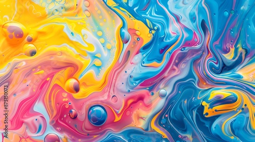 Abstract background with colorful liquid paint swirls, forming unique patterns with shades like blue, yellow, pink, and orange.