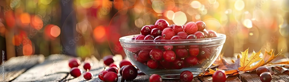 A glass bowl filled with ripe cranberries on a rustic wooden table under warm sunlight, surrounded by autumn leaves and a blurred natural background. A glass bowl filled with ripe cranberries on a rustic wooden table under warm sunlight, surrounded by autumn leaves and a blurred natural background.
