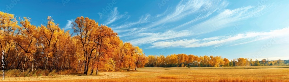 Naklejka premium Beautiful autumn landscape with vibrant orange trees under a clear blue sky, showcasing the natural beauty of fall season scenery.