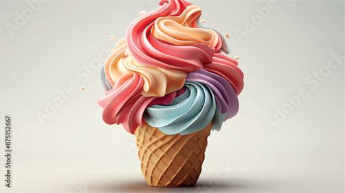 Realistic 3d illustration of ice cream in a waffle cone isolate. Sweet dessert ice cream in a cup with fruit. 3d ice cream menu concept. Cold summer dessert.	