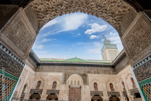 Fez, Morocco - March 23, 2024: The Al Quaraouiyine (or Al-Karaouine) Mosque is a symbol of the Islamic holy city of Fez. It is also the oldest university in the world.
