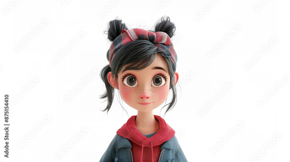3D Character illustration of a cute girl with black hair wearing a red ribbon headband, a blue jacket, and a pink shirt on a white background 3D Character illustration of a cute girl with black hair wearing a red ribbon headband, a blue jacket, and a pink shirt on a white background