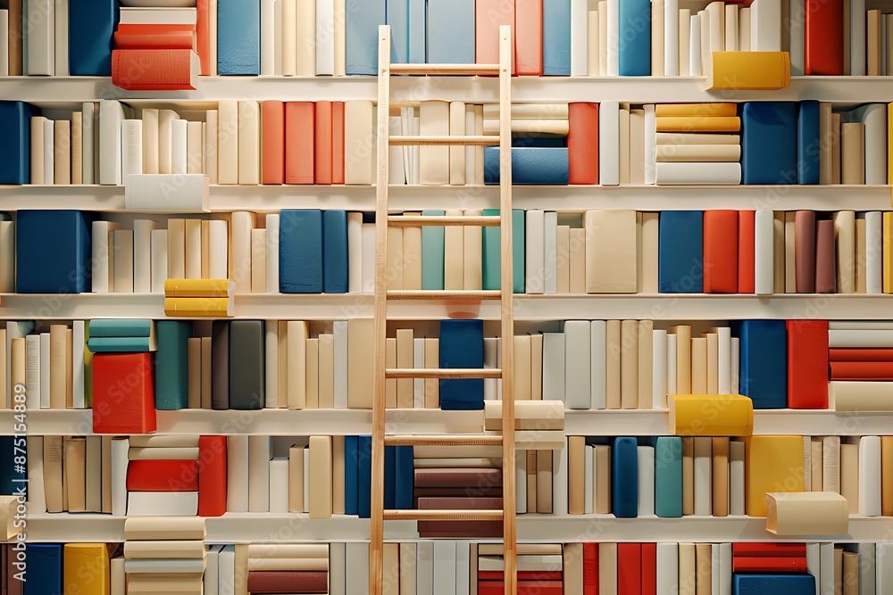 Detailed minimalist library wall with wooden ladder and colorful books. Detailed minimalist library wall with wooden ladder and colorful books.