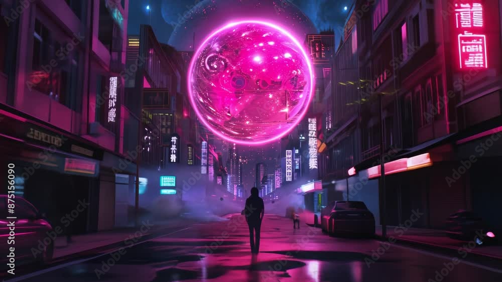 3d animation of a neon city with bright signs and a pink energy ball 3d animation of a neon city with bright signs and a pink energy ball