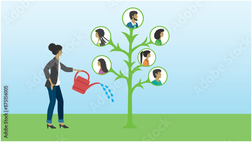 Woman with water can watering tree to make people growing. Dimension 16:9. Vector illustration.