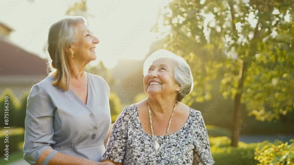 Smiling female caregiver helping happy senior woman walking outside building Smiling female caregiver helping happy senior woman walking outside building