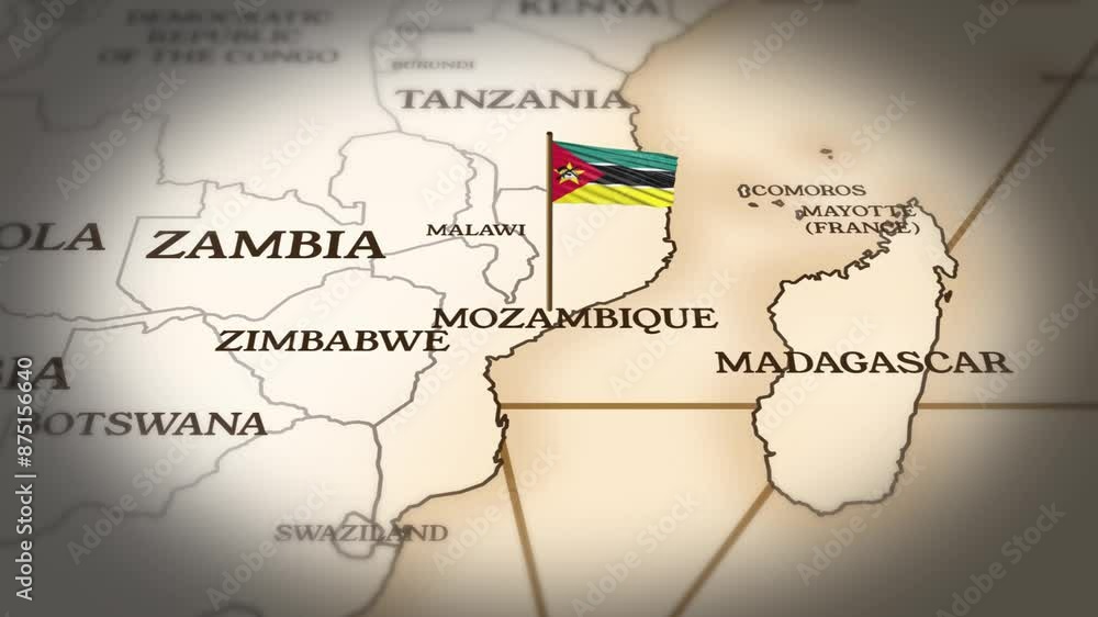Mozambique flag showing on world map with 3D rendering Mozambique flag showing on world map with 3D rendering