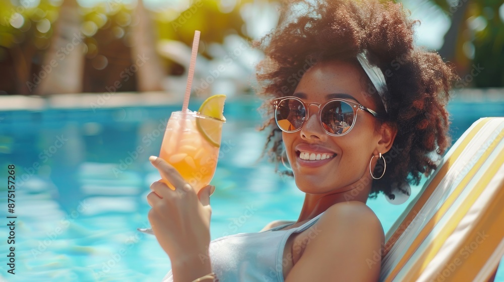 Carefree woman enjoys in summer cocktail while relaxing on deck chair by swimming pool Carefree woman enjoys in summer cocktail while relaxing on deck chair by swimming pool
