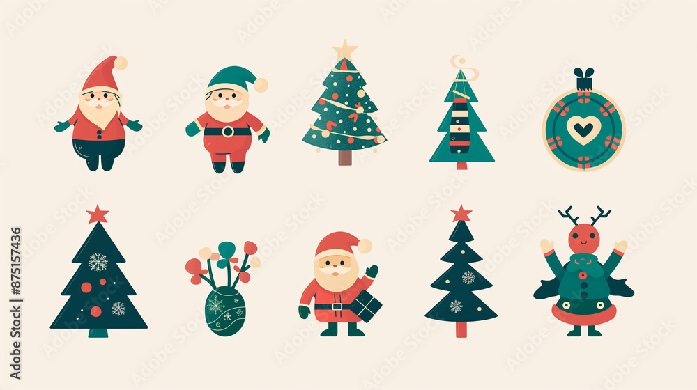 Fototapeta premium Set of cute icons on Christmas theme - Santa Claus, decorated Christmas tree, sweets isolated on white background.