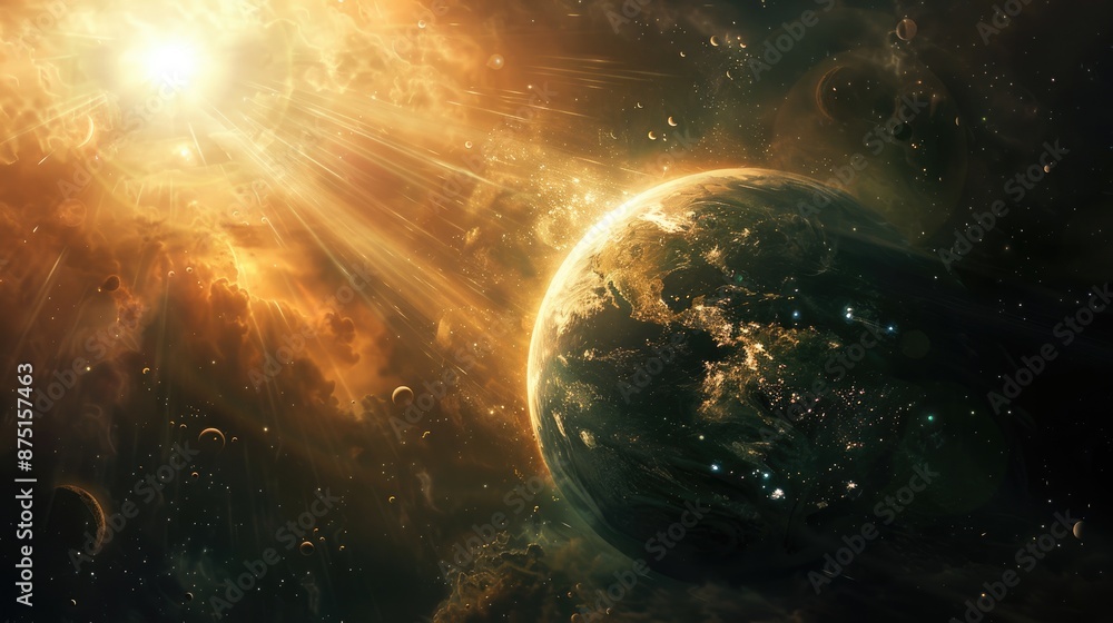 A beautifully striking image of a planet in a galaxy with luminescent light from a nearby star. Space exploration at its finest. A beautifully striking image of a planet in a galaxy with luminescent light from a nearby star. Space exploration at its finest.