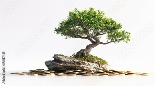 A bonsai tree growing on a rock with coins, symbolizing financial growth and stability with nature's support. Isolated on white background. photo