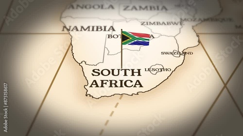 South Africa flag showing on world map with 3D rendering photo