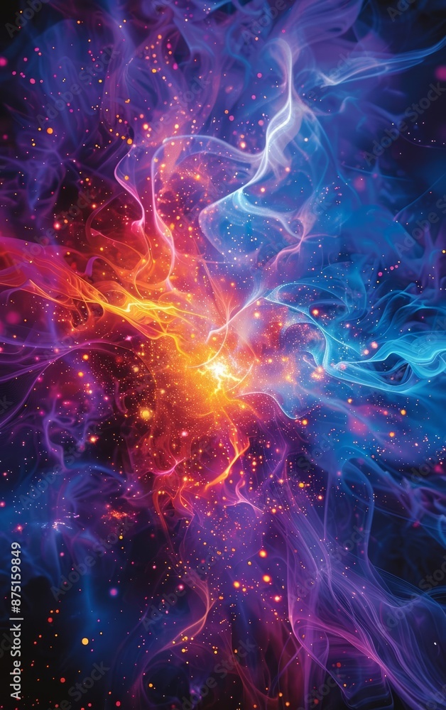 Fototapeta premium Abstract cosmic background with swirling nebulae in vibrant red, blue, and purple hues.