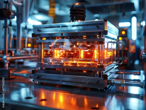 Close-up of a glowing, industrial machinery with intricate components, highlighting the manufacturing process.