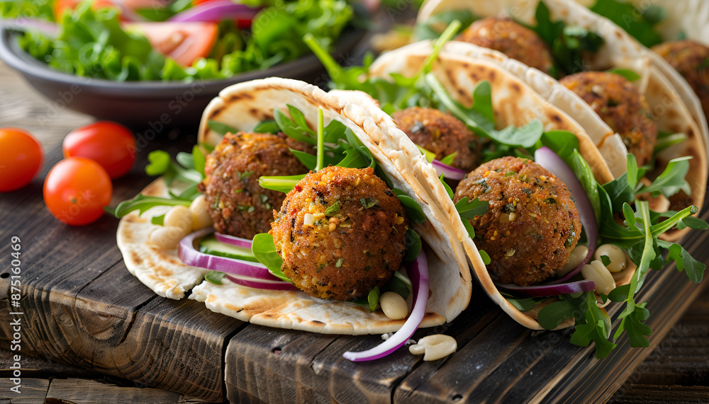 Tortilla wrap with falafel and fresh salad, vegan tacos, vegetarian healthy food Tortilla wrap with falafel and fresh salad, vegan tacos, vegetarian healthy food