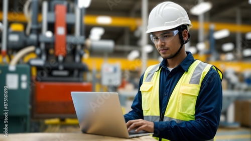 Industrial Worker Using Laptop in Factory Setting