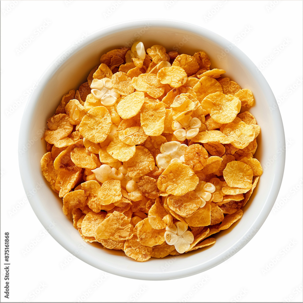 A visually crisp and detailed image of corn flakes delicately arranged in a pristine white bowl, perfectly isolated against a clean white background A visually crisp and detailed image of corn flakes delicately arranged in a pristine white bowl, perfectly isolated against a clean white background