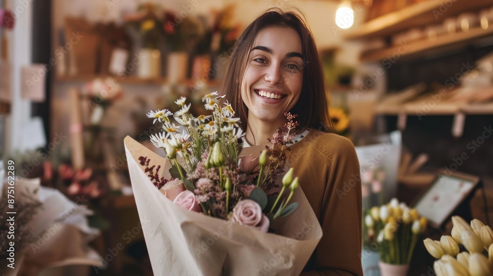 Happy woman wrapping flower arrangement in paper while working at flower shop Happy woman wrapping flower arrangement in paper while working at flower shop