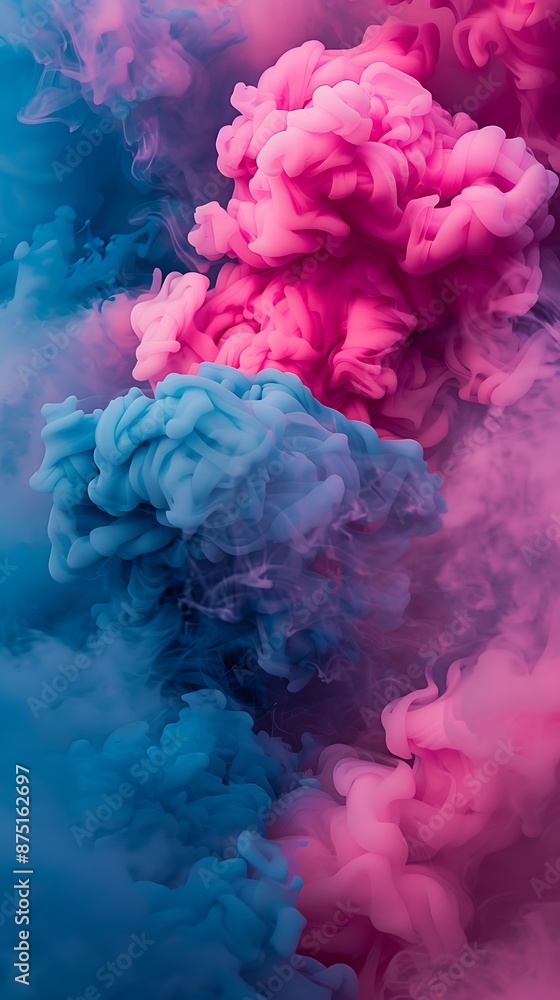 Fototapeta premium Intertwining clouds of pink and blue smoke create a dynamic, abstract scene with a dusty texture..