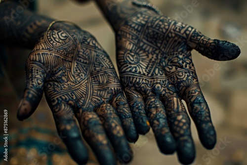 Vibrant henna patterns adorn hands for Diwali festivities in India, showcasing traditional Indian artistry. Delicate designs and motifs add to the beauty of the occasion.