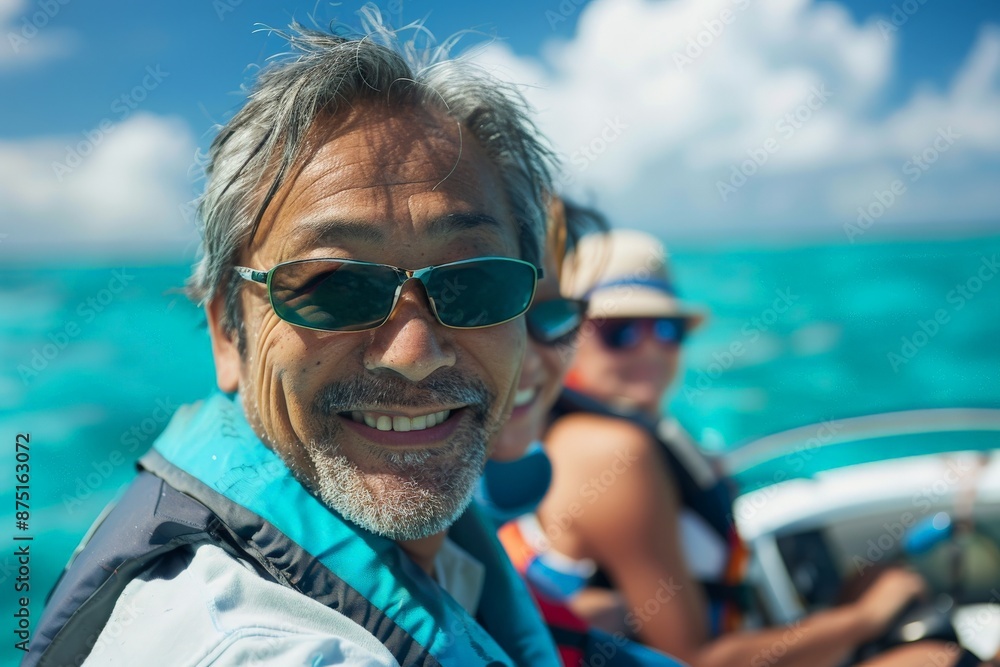 A man with grey hair and a joyful smile enjoys a boat ride, wearing a life vest and cool sunglasses, surrounded by turquoise waters and blue sky on a sunny day. A man with grey hair and a joyful smile enjoys a boat ride, wearing a life vest and cool sunglasses, surrounded by turquoise waters and blue sky on a sunny day.