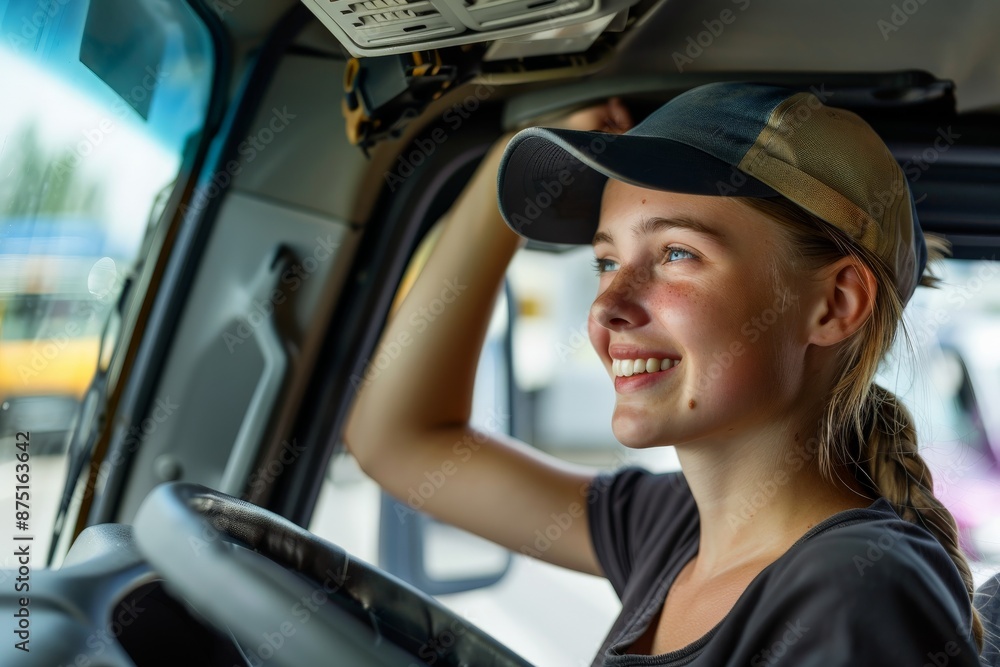 This image features a woman truck driver taking a break in the driver's cabin of a truck, exemplifying the modern workforce and the rigors of long-haul transportation. This image features a woman truck driver taking a break in the driver's cabin of a truck, exemplifying the modern workforce and the rigors of long-haul transportation.