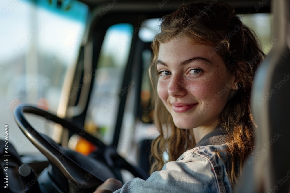 A young girl with wavy hair is smiling confidently while seated in the driver's seat of a large vehicle, possibly a bus or truck, capturing a moment of empowerment. A young girl with wavy hair is smiling confidently while seated in the driver's seat of a large vehicle, possibly a bus or truck, capturing a moment of empowerment.