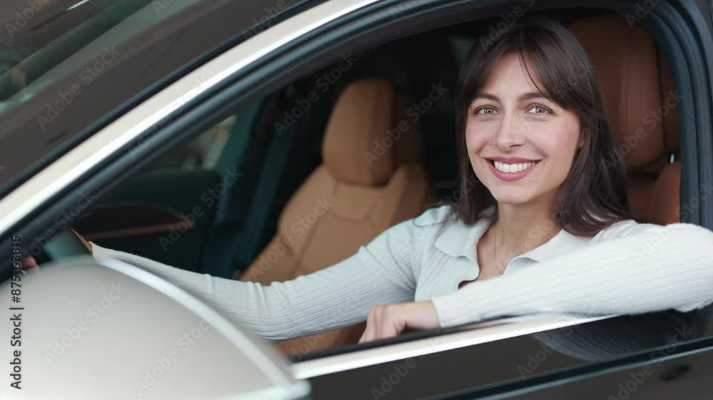 Pretty Caucasian woman widely smiling while looking at camera. Satisfied customer or owner of new car sitting in luxury salon. Female keeping her hand on open window of car. Glad driver concept. Pretty Caucasian woman widely smiling while looking at camera. Satisfied customer or owner of new car sitting in luxury salon. Female keeping her hand on open window of car. Glad driver concept.