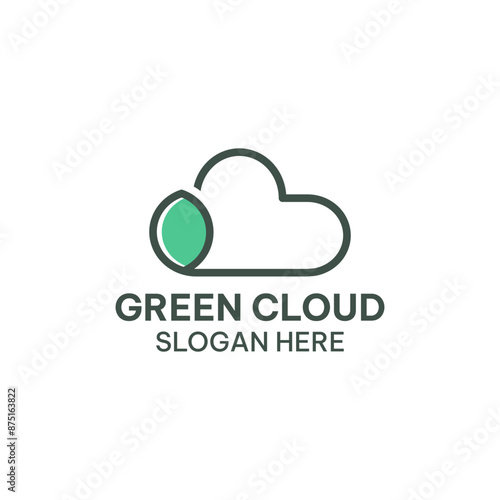 Green cloud logo template in simple line art. Cloud and leaf vector illustration
