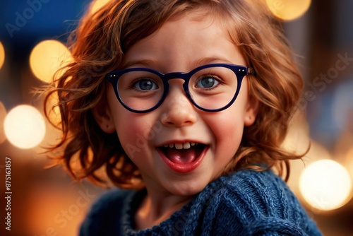 Cute young little girl with funny amused shocked face, wearing glasses