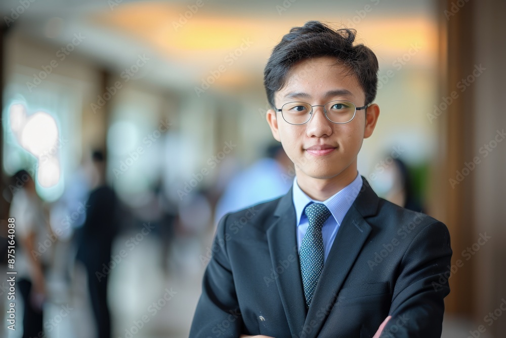 A confident young man wearing spectacles and a formal suit stands with his arms crossed in an elegant indoor setting, reflecting a sense of assurance and sophistication. A confident young man wearing spectacles and a formal suit stands with his arms crossed in an elegant indoor setting, reflecting a sense of assurance and sophistication.