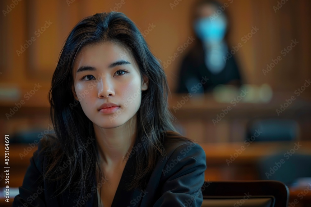 Obraz premium A young woman sits in an office, looking contemplative and thoughtful, suggesting a moment of introspection and reflection in a professional environment.